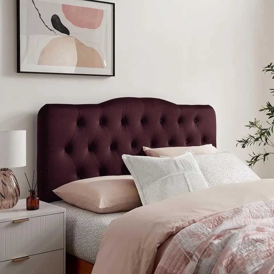Modway Annabel Performance Velvet Adjustable Queen Headboard in Mulberry - Stain-Resistant Padded Headboard Only with Diamond Button Tufting and 7 Height-Adjustable Positions