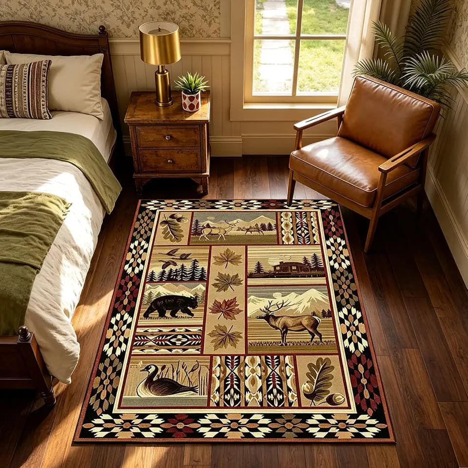 Cabin Nature and Animals Area Rug Rustic Western Country Rugs Wildlife Bear Deer Damask Bordered Carpet Floor Mats for Home,3'x5'