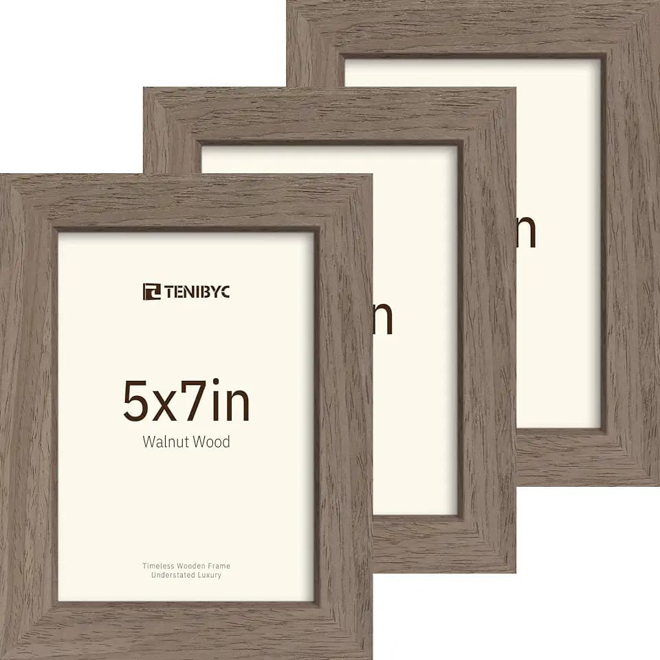 5x7 picture frame, Walnut Wood, 3 Pack, Glass, for Photo, Art
