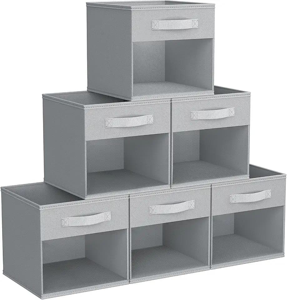 DIMJ Storage Cubes, 11x 11 inch Cube Storage Bin, 6 Pack Closet organizers and storage Bins with Window, Collapsible Baskets with Handle for Shelves, Clothes, Toys, Books (Grey)