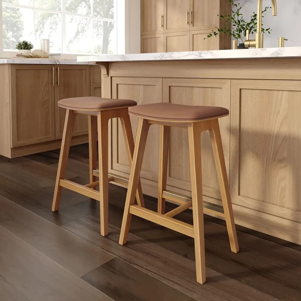 Plank+Beam Beryl Bar Stool, Upholstered, Set of 2, Pecan/Toffee