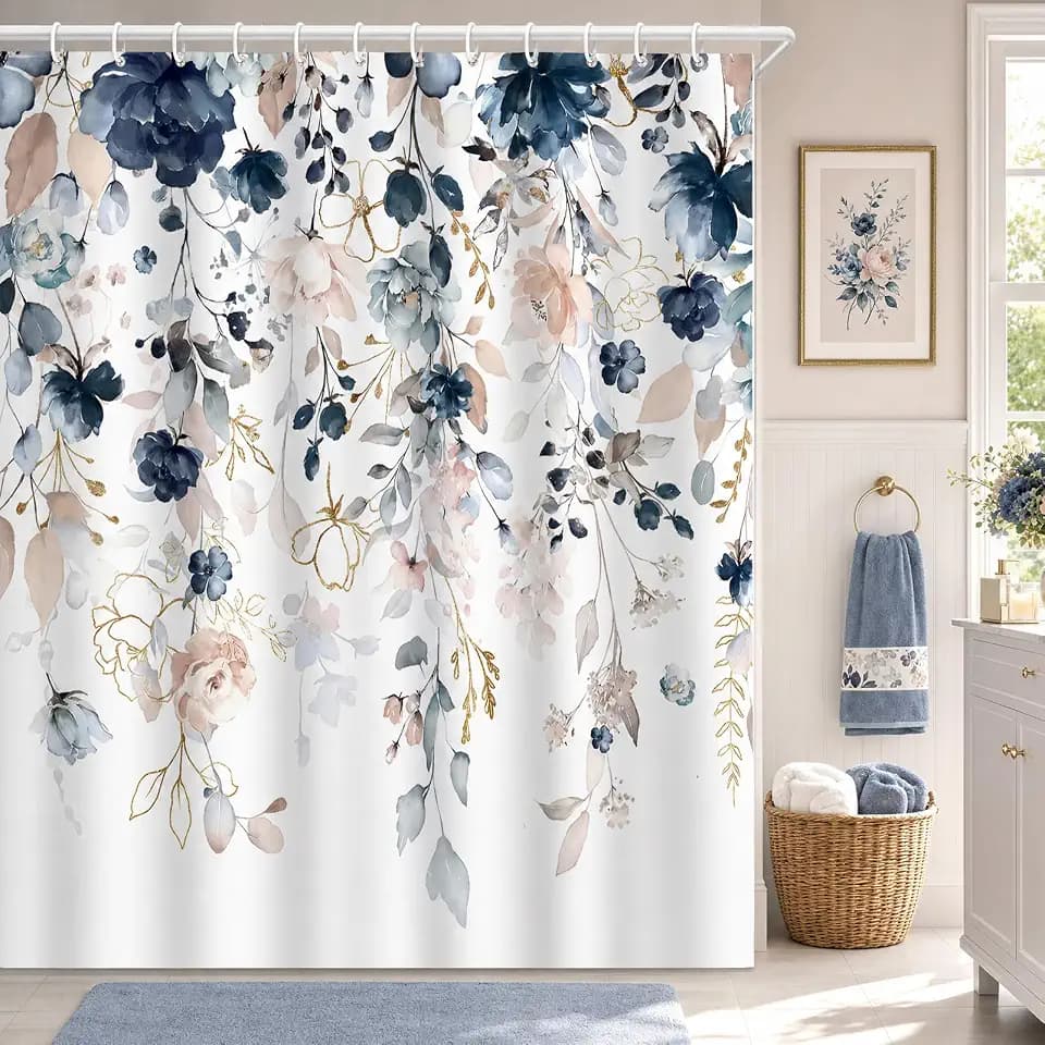 Navy Blue and Blush Pink Floral Shower Curtain Watercolor Wildflower Botanical with Gold Leaf Accents Girly Elegant Bathroom Curtain Waterproof Fabric Bath Curtain 72 x 72 Inch with 12 Hooks