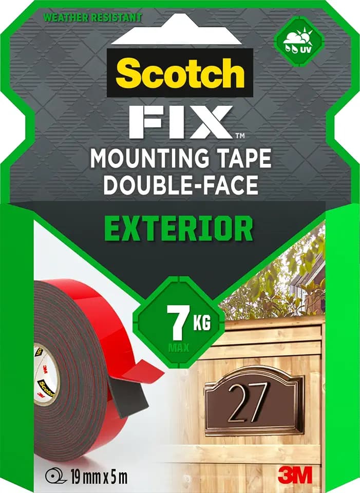 Scotch-Fix Doppelseitiges Montageband für Außenbereiche - 1 Rolle (19 mm x 5 m) - Hält bis zu 7 kg - Dauerhafte Klebekraft auf Metall, Holz, Acryl