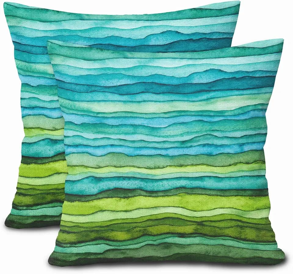 Teal Blue Green Pillow Covers 18X18 Inch Watercolor Aqua Waves Brush Pillow Cases Abstract Striped Sea Splash Throw Pillows Set of 2 Home Decor for Living Room Bedroom Couch Bed Sofa Outdoor