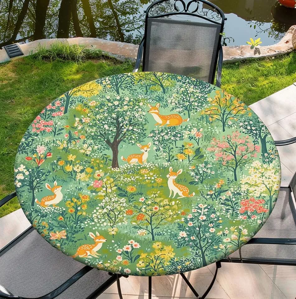 Waterproof Tablecloth with Elastic Tablecloth for Round Tables 36"-70" for Indoor Outdoor Patio Use, 36Inch, Deer