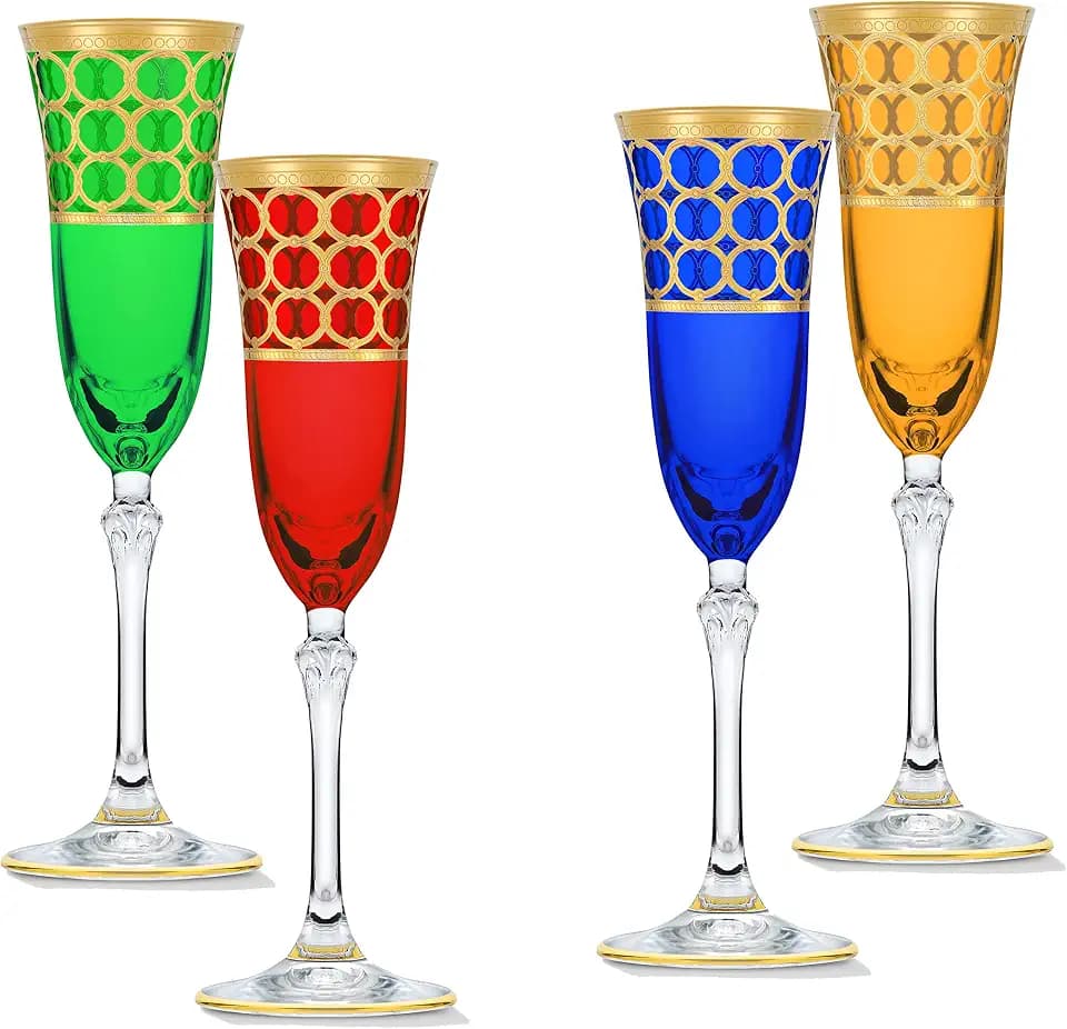Lorren Home Trends Multicolor Champagne Flutes with Gold Rings, Set of 4