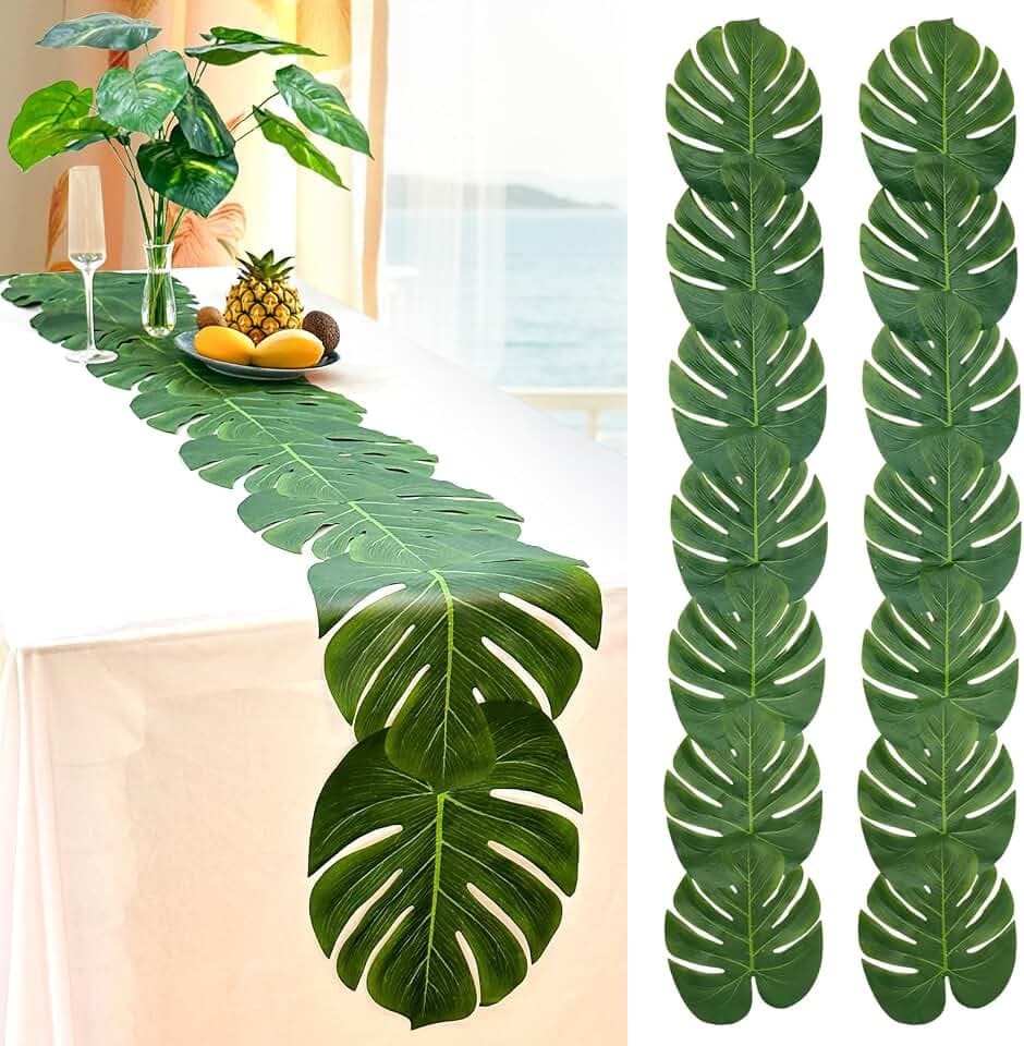 12Pcs Artificial Palm Leaves Table Runner, Tropical Leaf Table Runners 72in