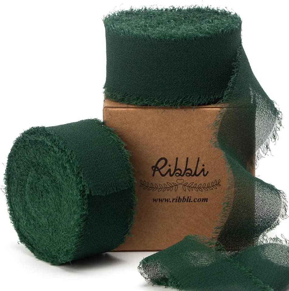 Ribbli Forest Green Chiffon Ribbon 1 Inch x 20 Yard - Handmade Fringe Silk for Gifts Wrapping, Wedding Invitations, Bridal Bouquets, Flower Arrangement
