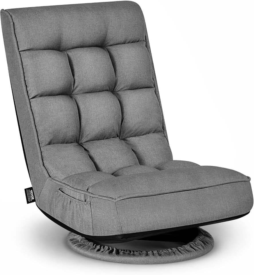 VEVOR Swivel Floor Gaming Chair, 360-Degree Rotating Floor Chair with 4 Adjustable Position Folding Backrest, Metal Frame with Recycled Foam and Linen Fabric, for Watching TV, Reading, Relaxing, Gray