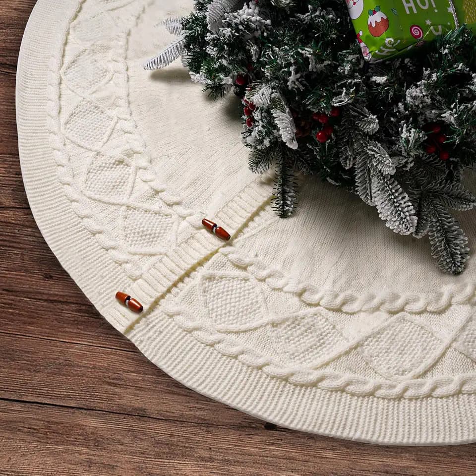 Knitted Christmas Tree Skirt, 48 Inch Cable Knit Design, Thick Rustic Fabric, Farmhouse Xmas Holiday Decoration, Luxury Home Party Décor White