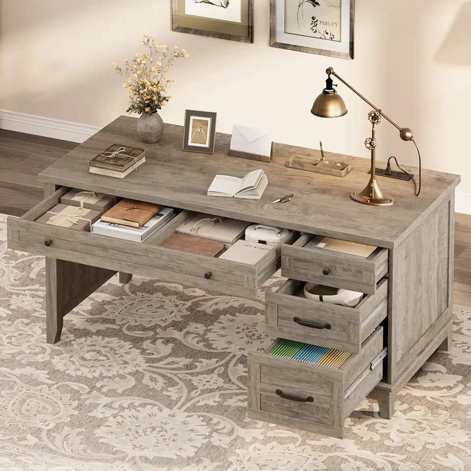GarveeHome Farmhouse Executive Desk with Drawers, 53.54 in Home Office Desk with Charging Station, Wooden Computer Desk with File Cabinet Storage for Work Study Writing, Rustic Gray