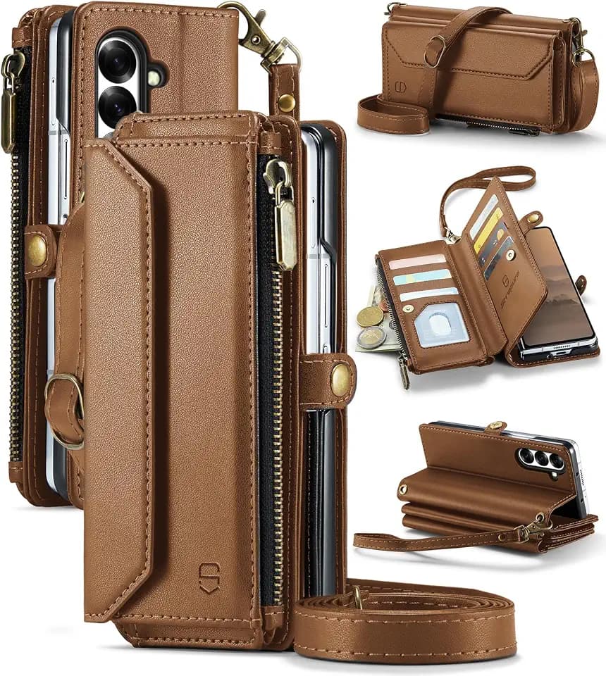 Strapurs for Samsung Galaxy Z Fold 7 - Zipper Strap Wallet Case, Brown
