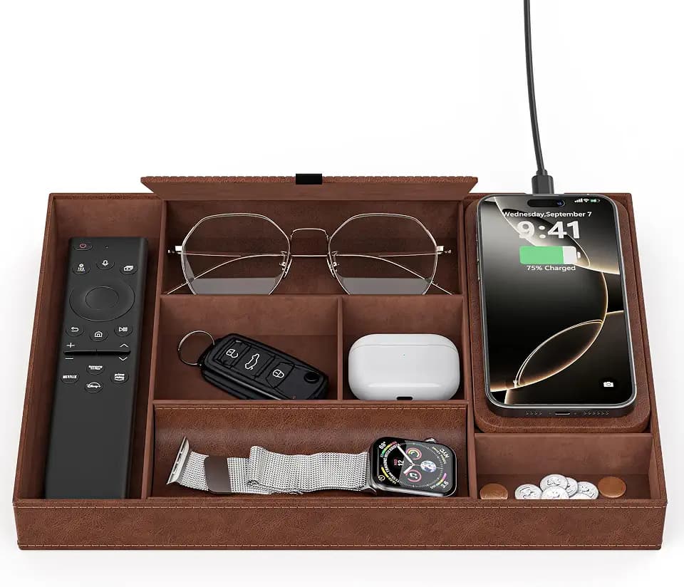 Leather Valet Tray with Wireless Charging Pad - Luxury EDC Nightstand Organizer for Men - Premium Desk Tray for Phone, Watch, Glasses & Keys - Sleek Office Desk Accessories & Gift for Him, Brown