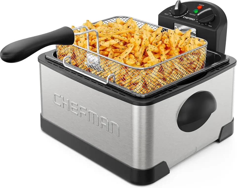 Chefman 4.5 Liter Deep Fryer w/Basket Strainer, XL Jumbo Size, Adjustable Temperature & Timer, Perfect for Fried Chicken, Shrimp, French Fries, Chips & More, Removable Oil-Container, Stainless Steel