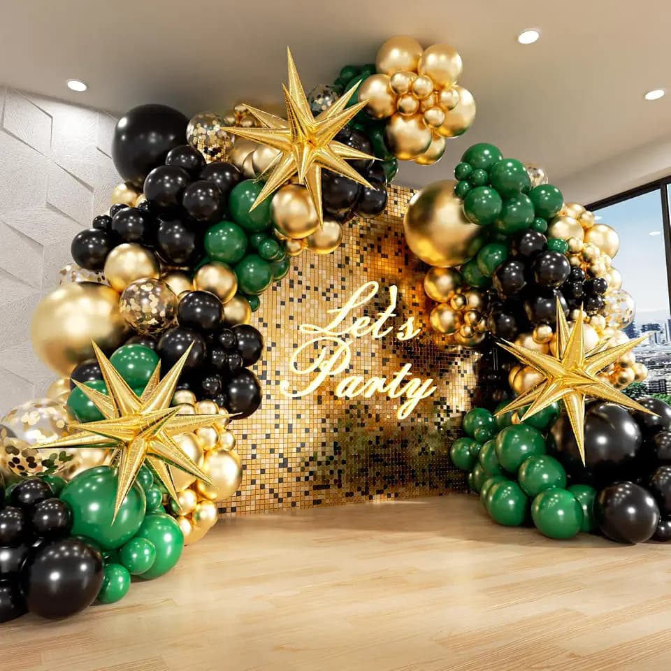 Green and Gold Black Balloon Arch Kit with 3pcs Star Balloons