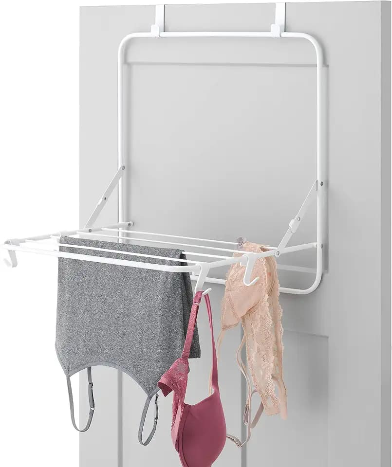 Whitmor Over The Door Folding Drying Rack, Space Saving Clothes Drying Rack with Hooks, Heavy Duty Foldable Laundry Rack, Rust Resistant Steel Hanging Drying Rack for Most Doors