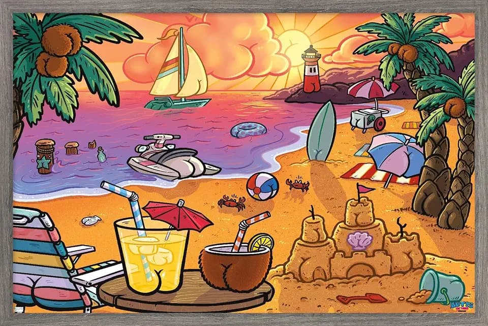 Trends International Brian Cook: Butts on Things - Beach Wall Poster, 22.4L x 14.7W, Barnwood Framed Version