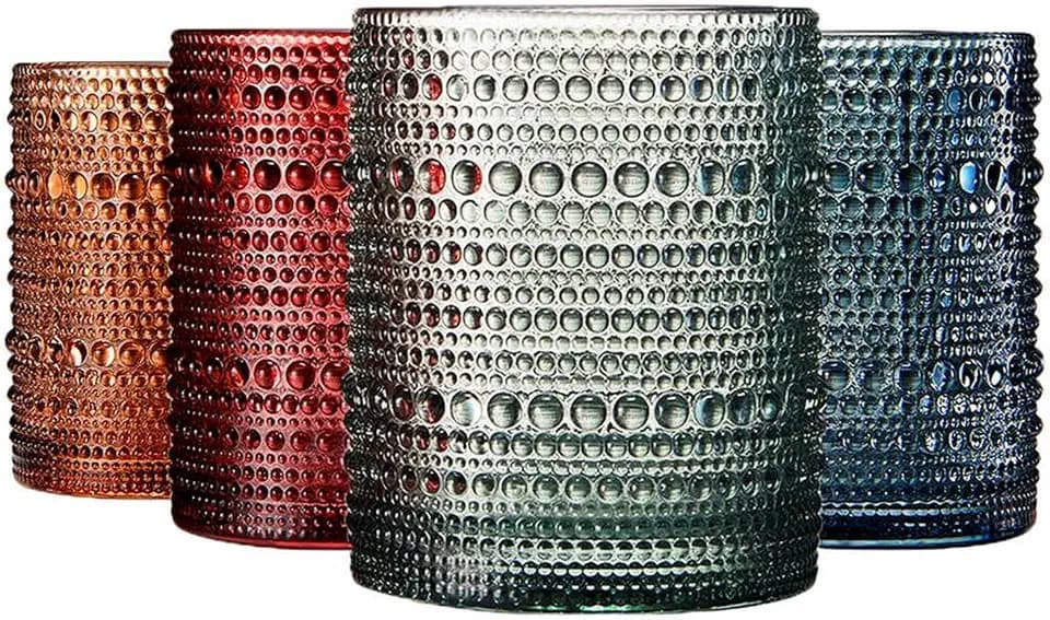 Khen Colored Glass Glasses | Set of 4 | Large Art Deco Glassware Muted Vintage Glasses for Wine, Champagne, Cocktail, Margarita, Wine Glass, Gift Idea, Muted Pastel Colors Goblets - Hobnail Beaded