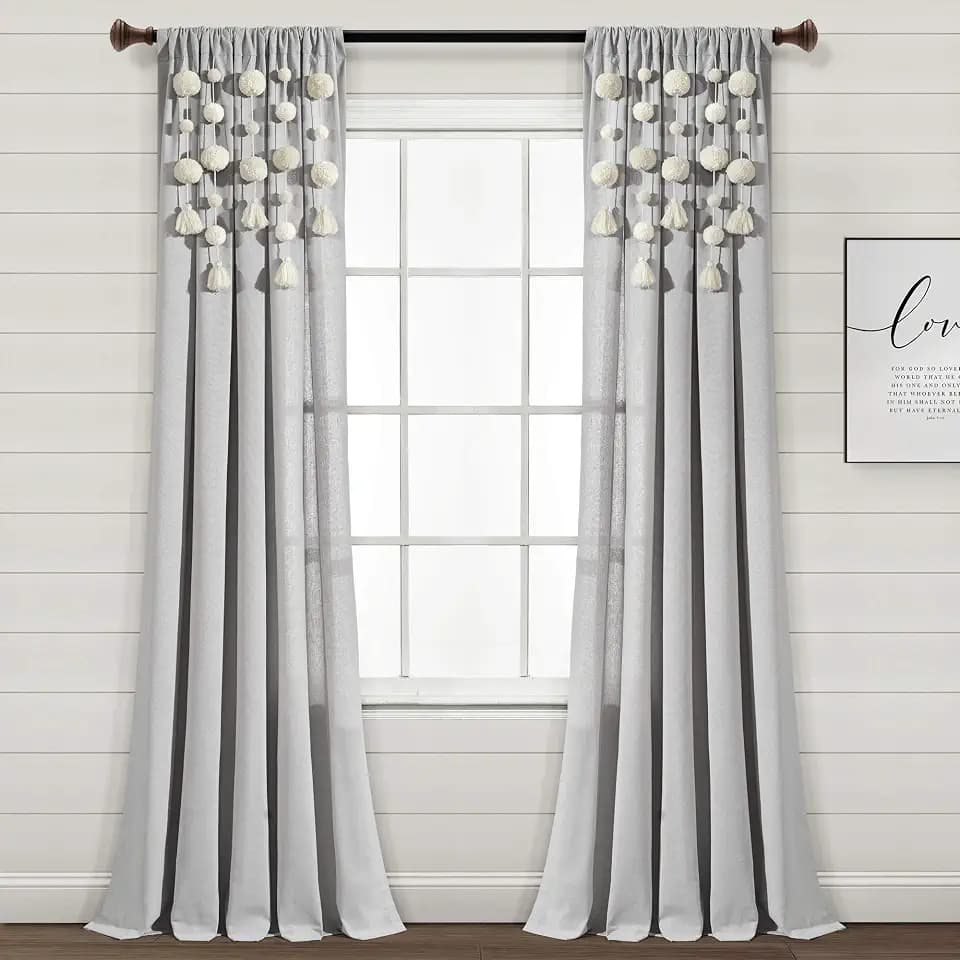 Lush Decor Boho Pom Pom Tassel Linen Textured Window Curtain Panel, Single 52" W x 95" L Light Gray -