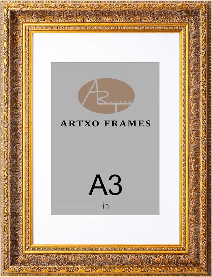 ArtXO A3 Ornate Photo Frame - Gold Leaf Texture with Embossed Floral Motif, Matte Black Velvet Mat, Elegant Home Decor Accent