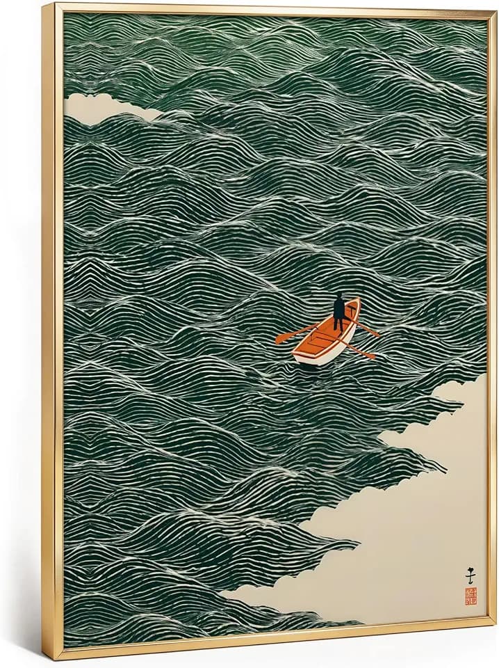 Gold Aluminum Alloy Framed Japanese Green Waves Canvas Wall Art 16X24in