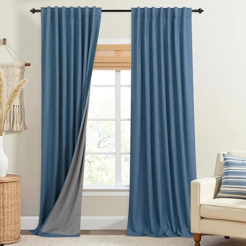 KOUFALL Denim Blue Curtains 102 Inches Long for Living Room, Linen Black Out Room Darkening Curtains & Drapes, Set 2 Panels, 102 in Length, Cortinas Blackout para Dormitorio