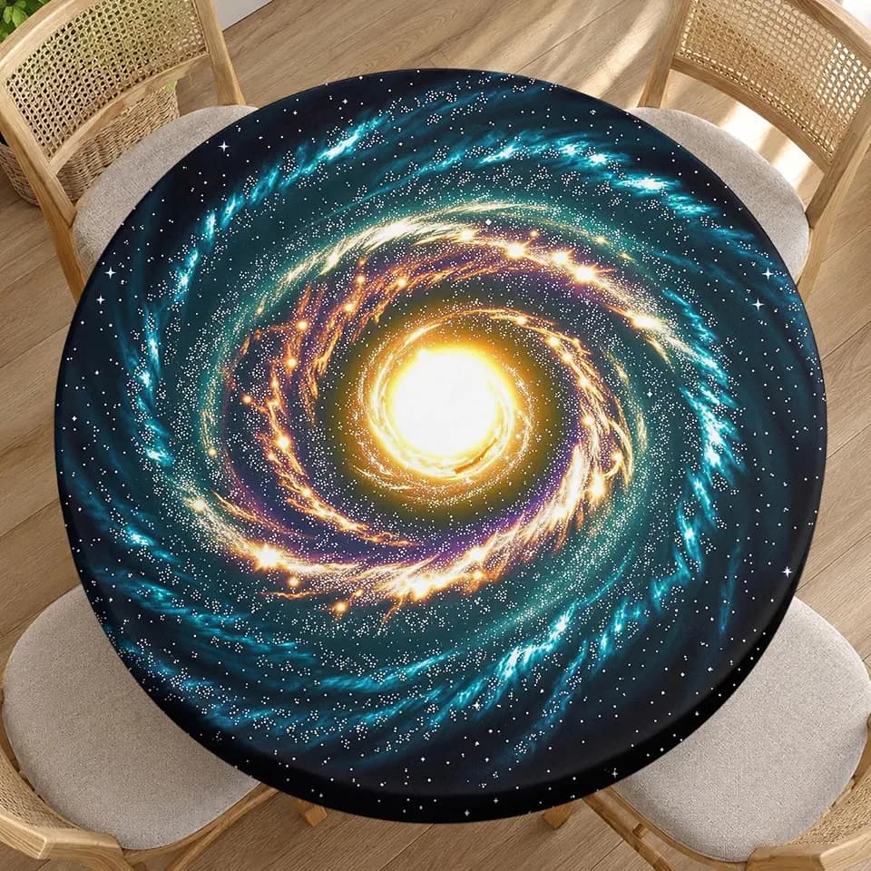 Spiral Galaxy Tablecloth Round Incredibly Deep Space Starry Night Blue Waterproof Wipeable Table Cloth Cover for Dining Room Fitted Table 40-44 inch