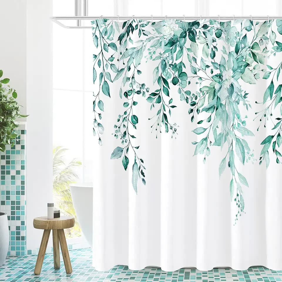 Gibelle Teal Eucalyptus Shower Curtain, Watercolor Floral Print, 72x84