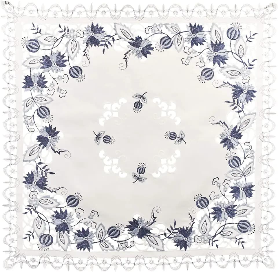 LAT Embroidered Delft Blue Onion Flower Table Topper, Small Table Cloth (33 Inch Square)