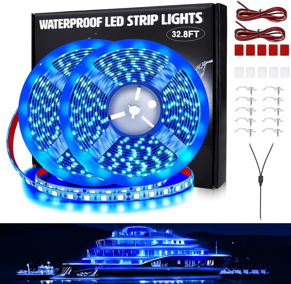 LED Boat Lights 32.8ft (2 Rolls of 16.4ft), Waterproof Boat Interior and Navigation Lights (Blue)