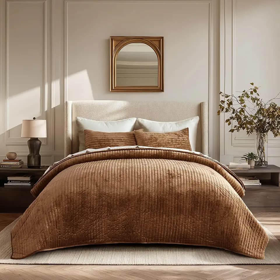 EverGrace Stripe Channel Luxury Velvet Quilt Set Queen Size, Dark Brown