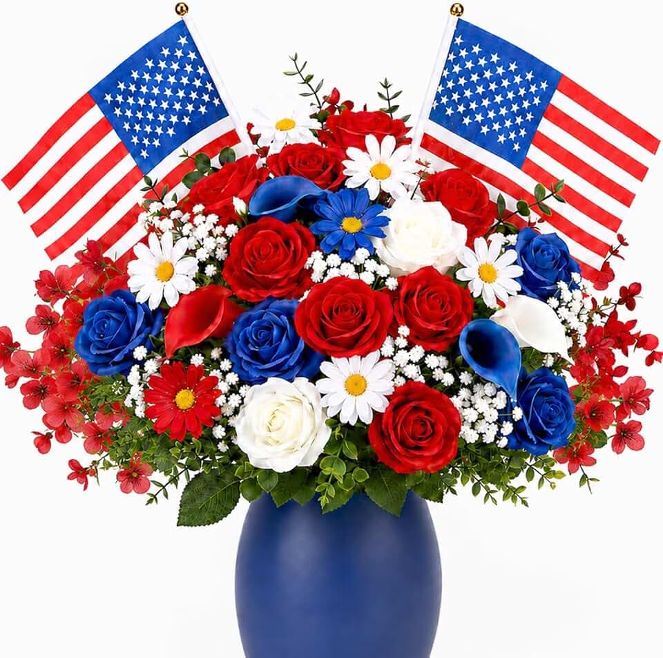 Yinder 40 Pcs Memorial Day Artificial Flowers for Cemetery Red White and Blue Flower with Flags for USA Veterans 4th of July Outdoor Artificial Patriotic Grave Flowers 250th Anniversary Decor