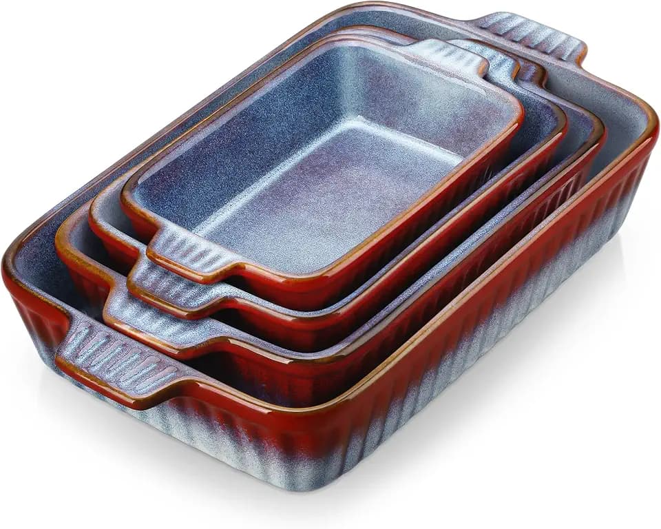 vancasso Ceramic Casserole Dishes for Oven, Reactive Glaze Baking Dishes Set of 4, Deep Rectangular Lasagna Pans with Handles, Ceramic Bakeware Set, Microwave Dishwasher Oven Safe, Gradient Red & Blue (9.4"/11.1"/12.2"/14.7")