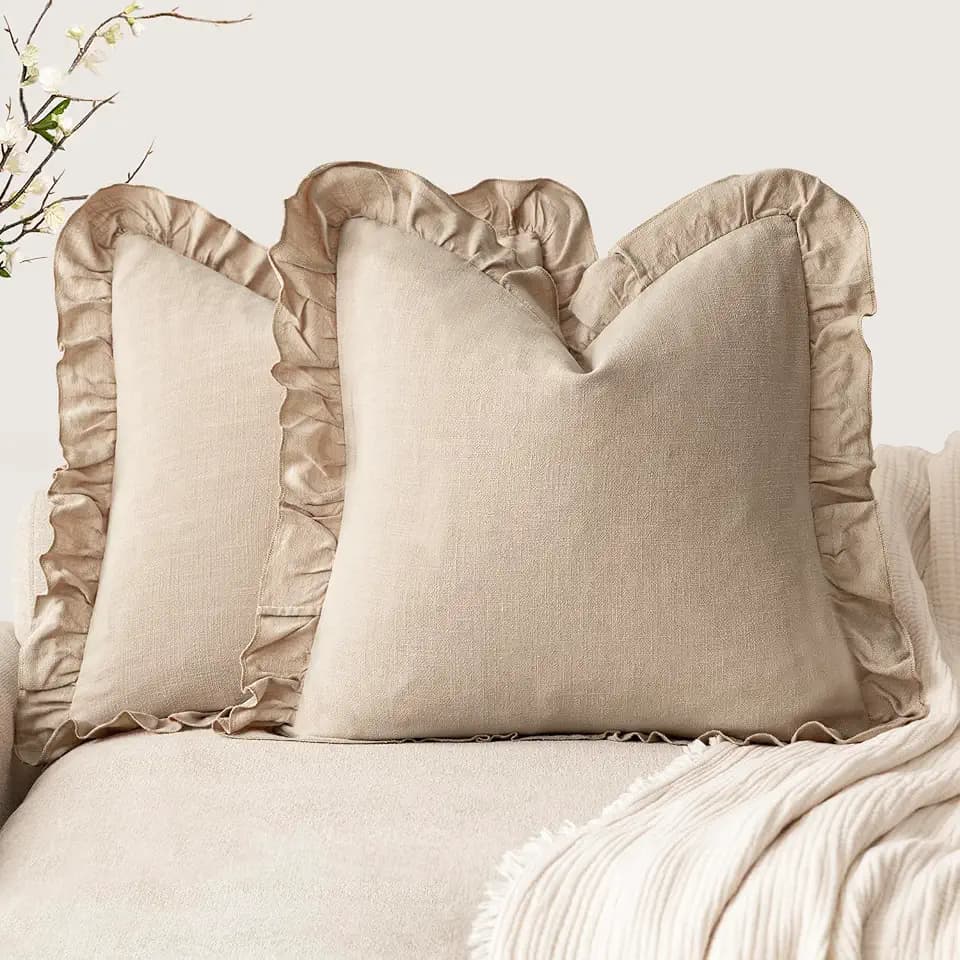 Foindtower Set of 2 Decorative Soild Fringe Ruffle Throw Pillow Covers Soft Boho Farmhouse Cushion Cover Cozy Accent Retro Pillowcase for Couch Sofa Bed Living Room Home Decor,22×22 Inch,Light Tan