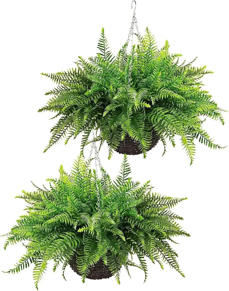 Outdoor Fake Hanging Fern – Artificial Hanging Ferns 2 Pack, Large Faux Boston Fern Bushes, UV Resistant Outdoor Hanging Plants for Front Porch, Patio & Indoor Decor