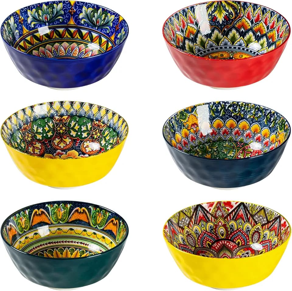 Henten Home Ceramic 25 oz Soup Bowl Set, Cereal Bowl Set of 6, Boho Colorful Serving Bowls for Salad, Pasta, Noodle, Rice, Oatmeal, Microwave & Dishwasher Safe