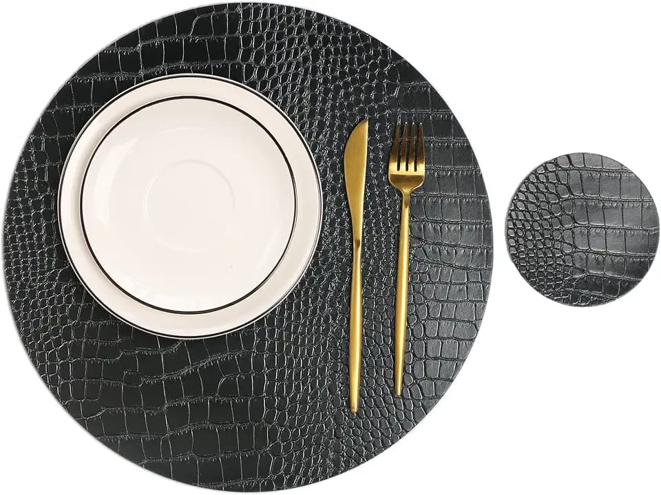 Round Leather Placemats for Round Tables Set of 4, Black Place Mats and Coasters, Washable Easy to Care for Indoor Decor 13" Diameter