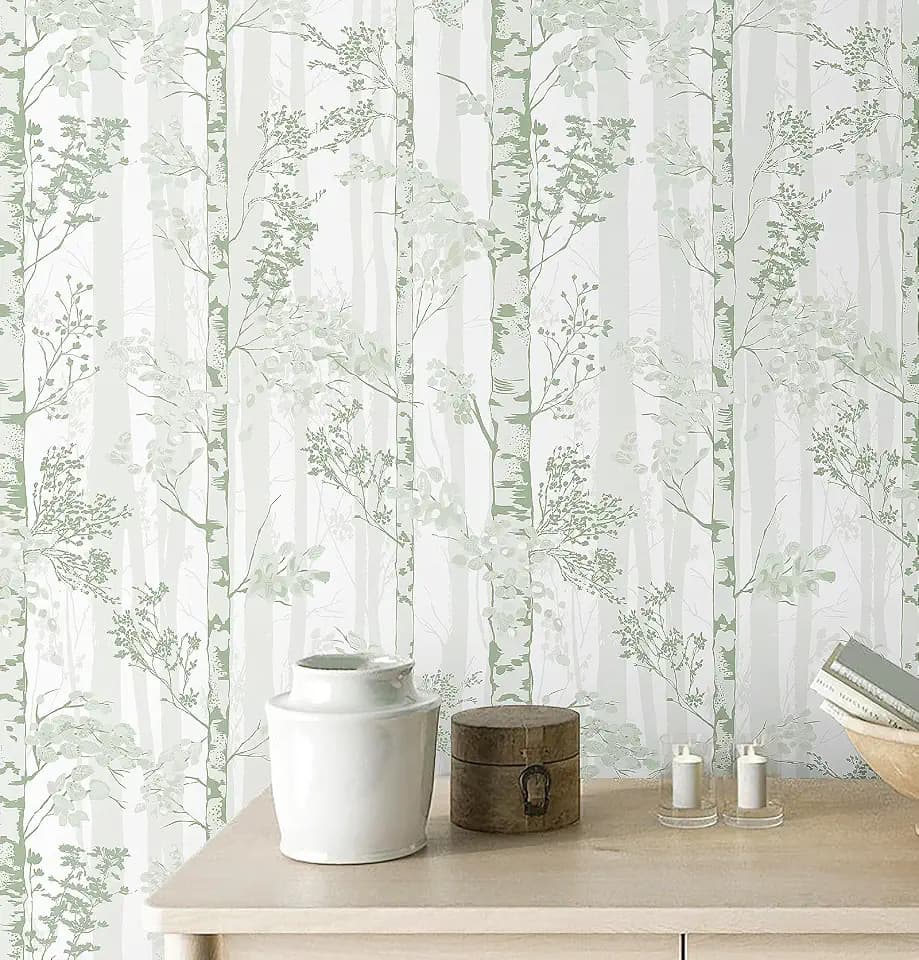 Safiyya 197"×17.3" Peel and Stick Wallpaper Light Green and White Contact Paper Tree Wallpaper Removable Self Adhesive Wall Paper for Bedroom Bathroom Vinyl Rolls