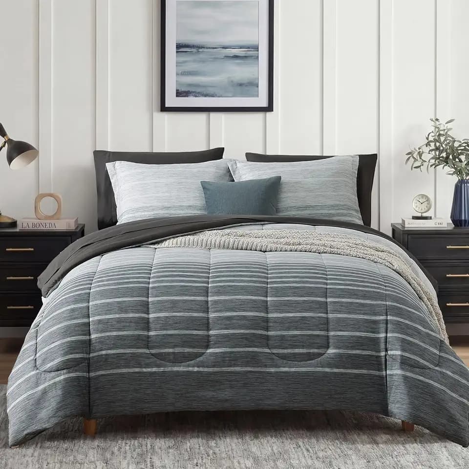 Monbix Queen Comforter Set-7 Pieces Striped Bed in a Bag Queen Bedding Sets