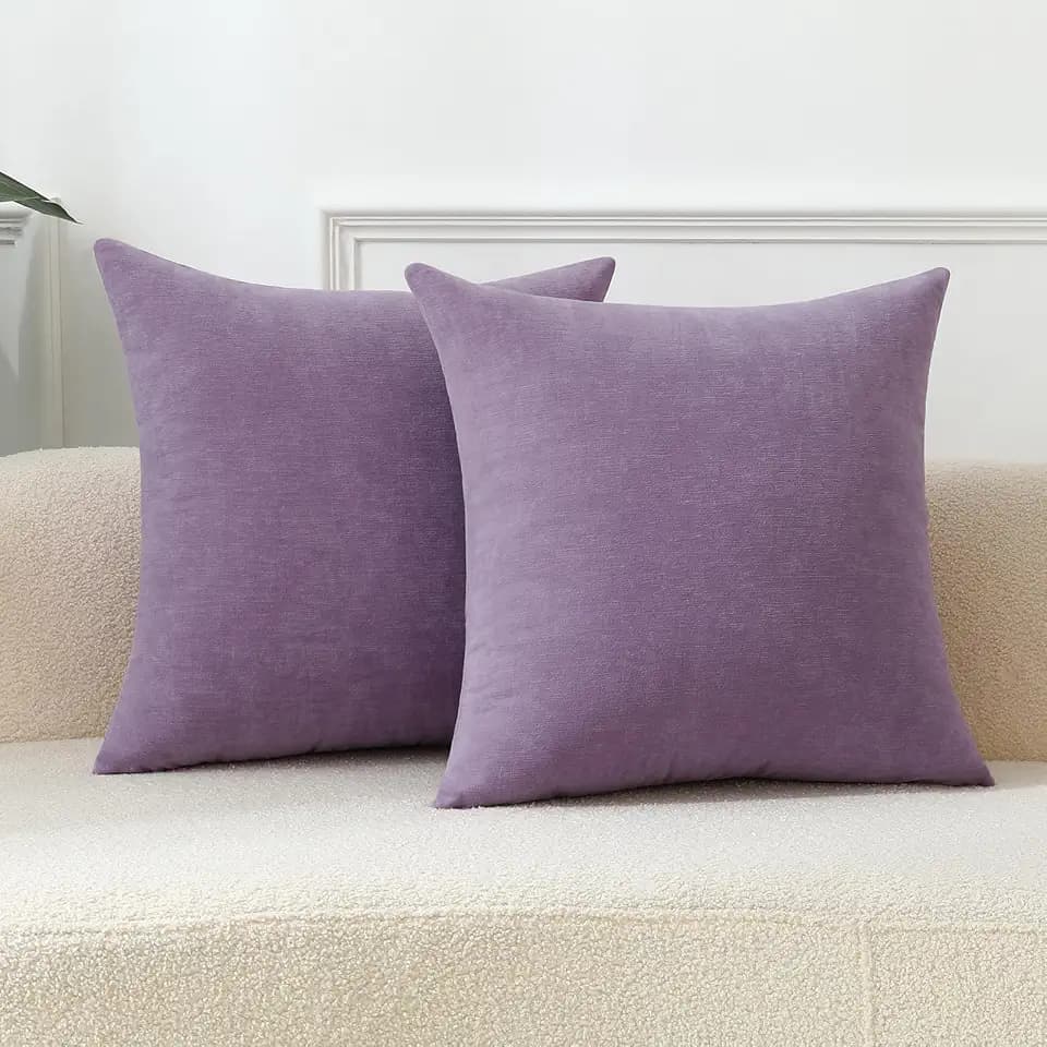 Lavender Cozy Soft Throw Pillow Covers, Light Purple Decorative Chenille Square Couch Cushion Cases for Sofa Living Room Decor, Set of 2, 20 x 20 Inches