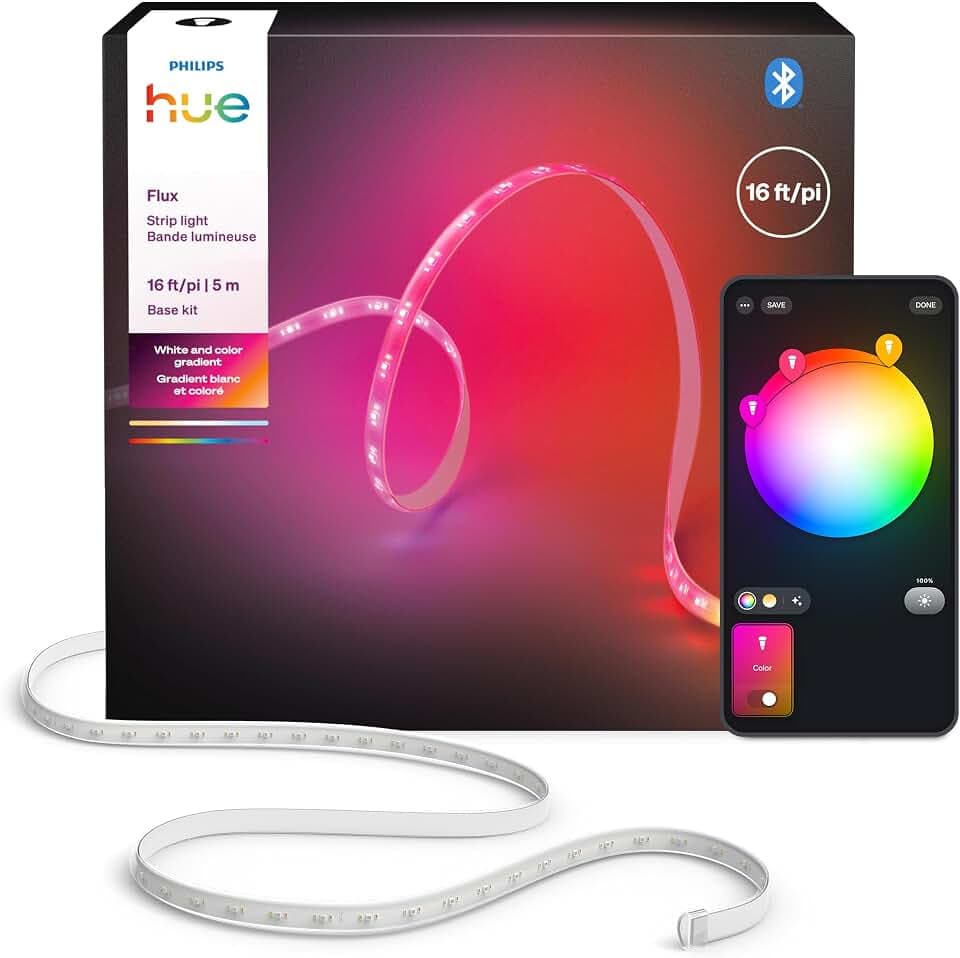 Hue Flux 16-Foot LED Strip Light, 3000 lm, Vibrant Color and Ambiance, Flexible Indoor Lighting, Chromasync™ Color Blending, RGBWWIC, Cuttable, Extendable, Reusable, App and Voice Control