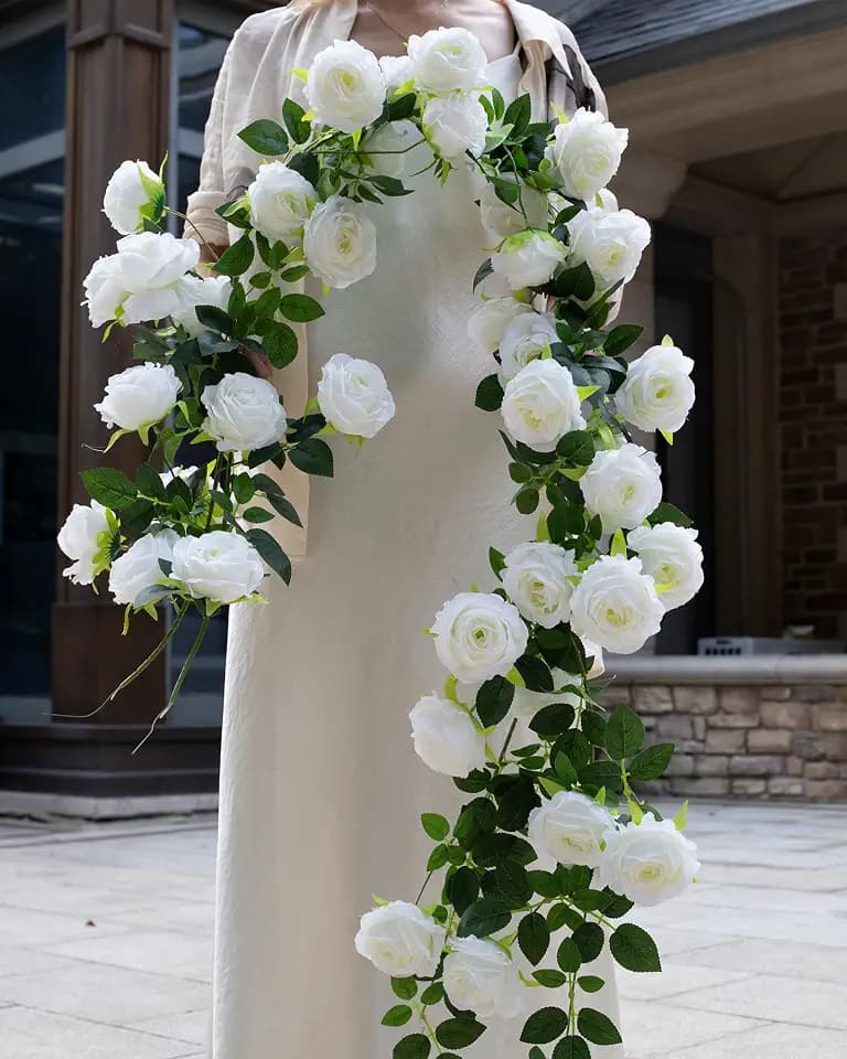 2Pcs 12Ft Bendable Flower Garland Faux Rose Vine for Wedding Decor,White