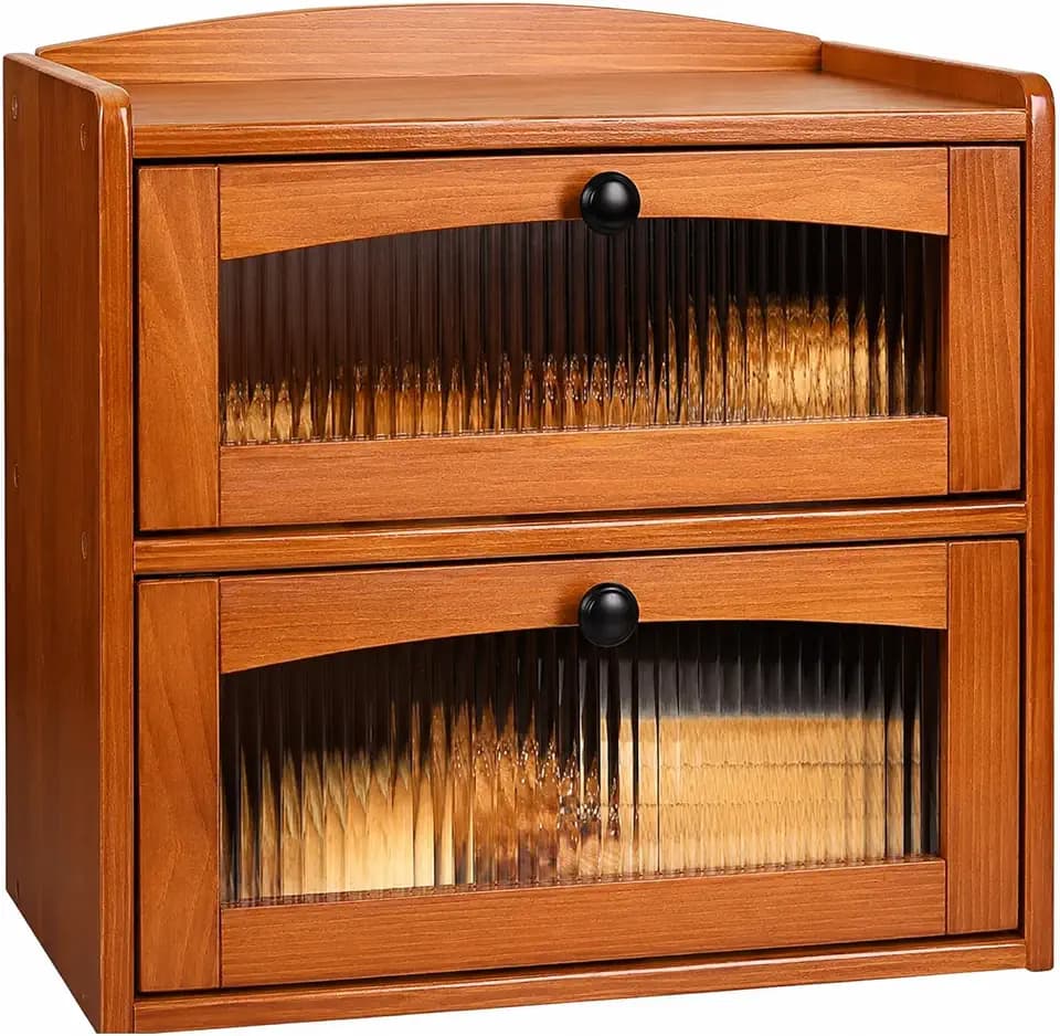Wooden Bread Box for Kitchen Countertop, 2-Tier Bread Storage with Window