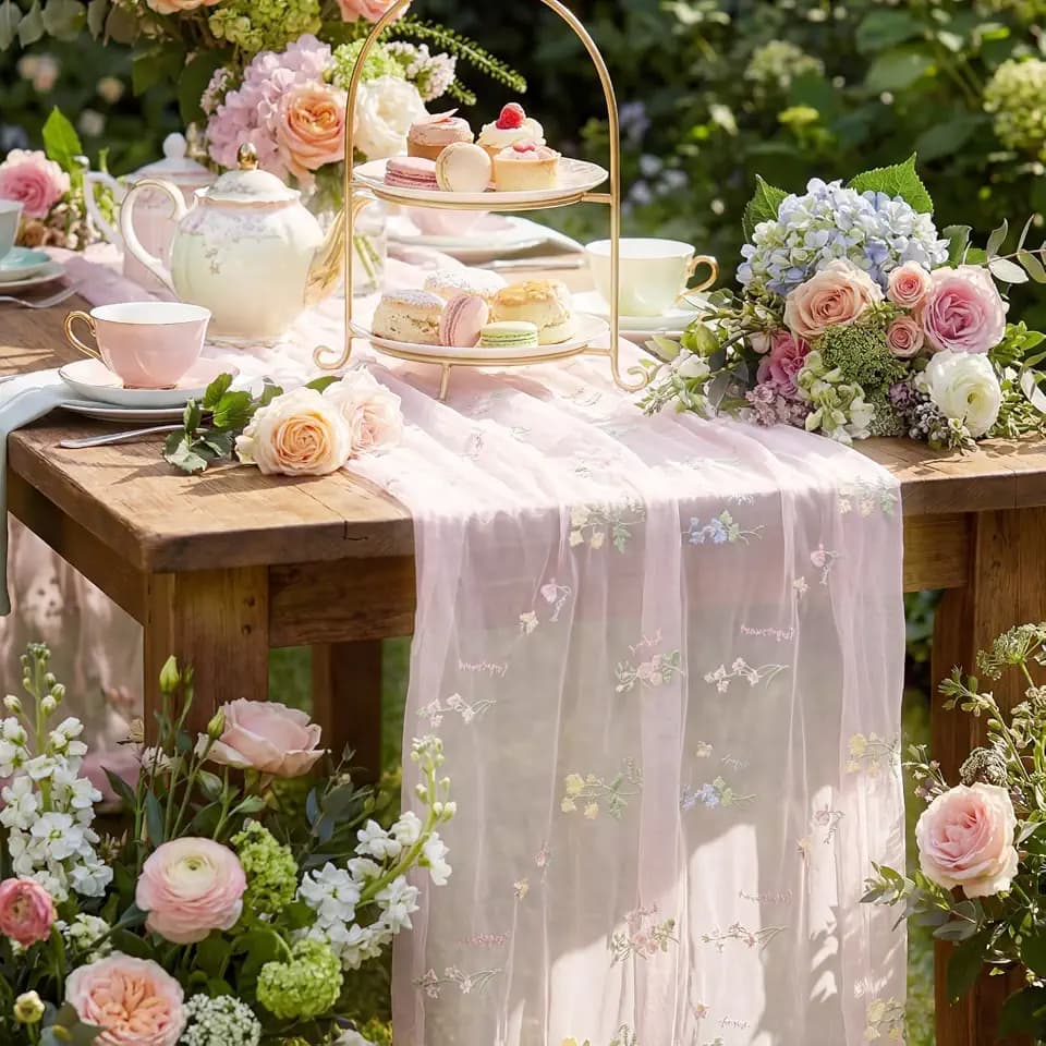 Remagr 2 Pcs 9.8 Ft Pink Floral Table Runners Embroidered Tulle Runner
