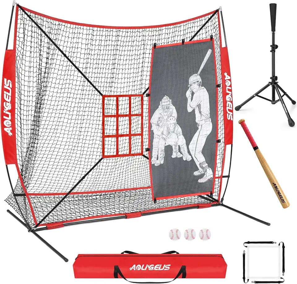 7'X7' Softball Practice Net - Pitching & Batting Net with Baseball Tee, Batter Dummy, Strike Zone & Bow Frame