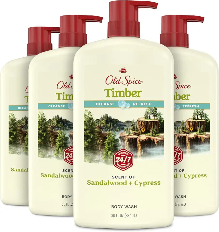 Old Spice Cleansing Body Wash for Men, 24/7 Shower Fresh with Lasting Scent, Cleanse & Refresh, Gentle on Skin, Vitamin B3, Timber with Sandalwood + Cypress Scent, 30 oz (Pack of 4)