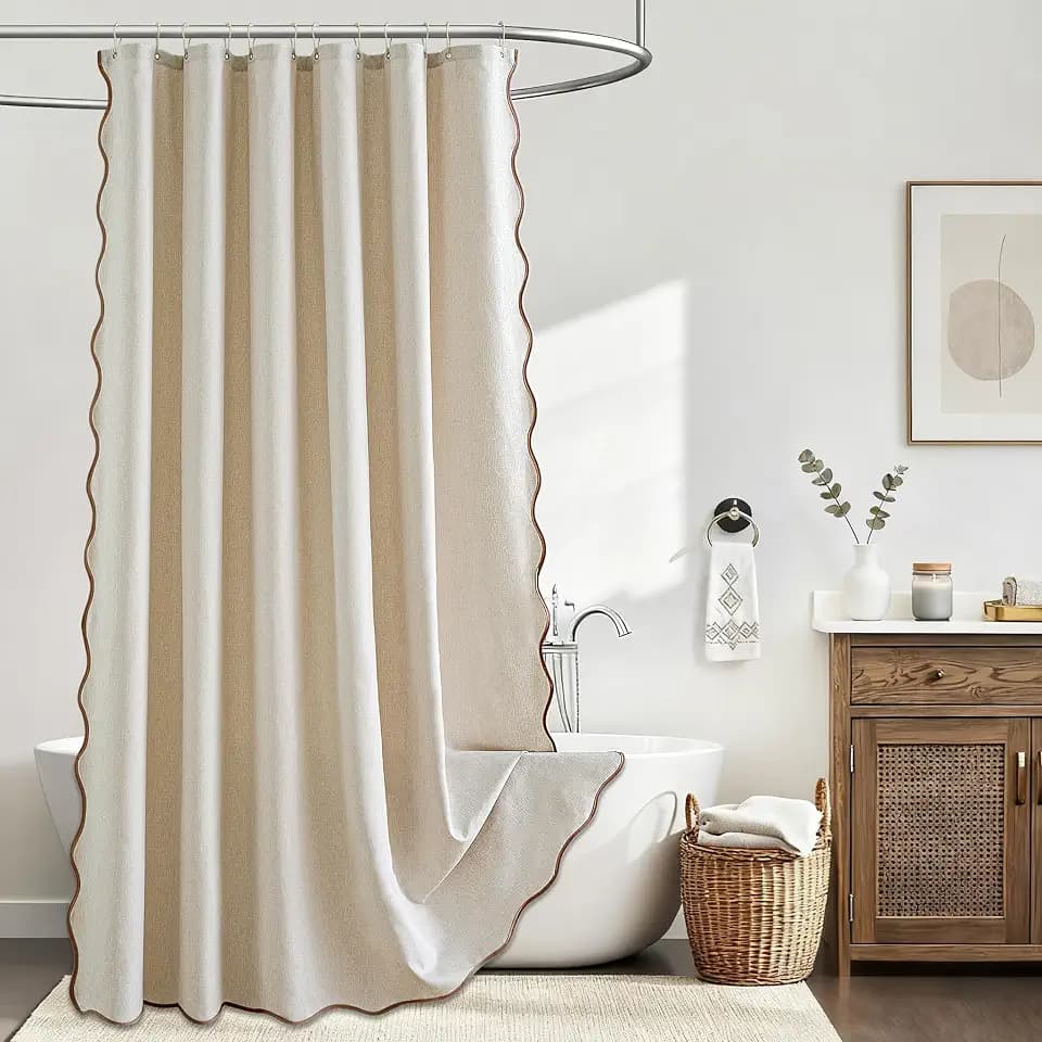 Brown Boho Scalloped Extra Long Shower Curtain Linen Textured, W72xL84