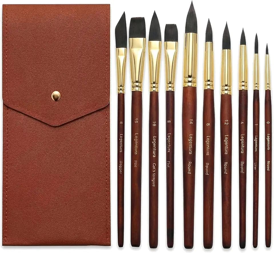 Professional Watercolor Brushes - 10 Pcs Synthetic Squirrel Watercolor Paint Brush Set with Leather Case for Travel, Round, Liner, Flat, Dagger & Cat’s Tongue for Gouache, Ink & Acrylic
