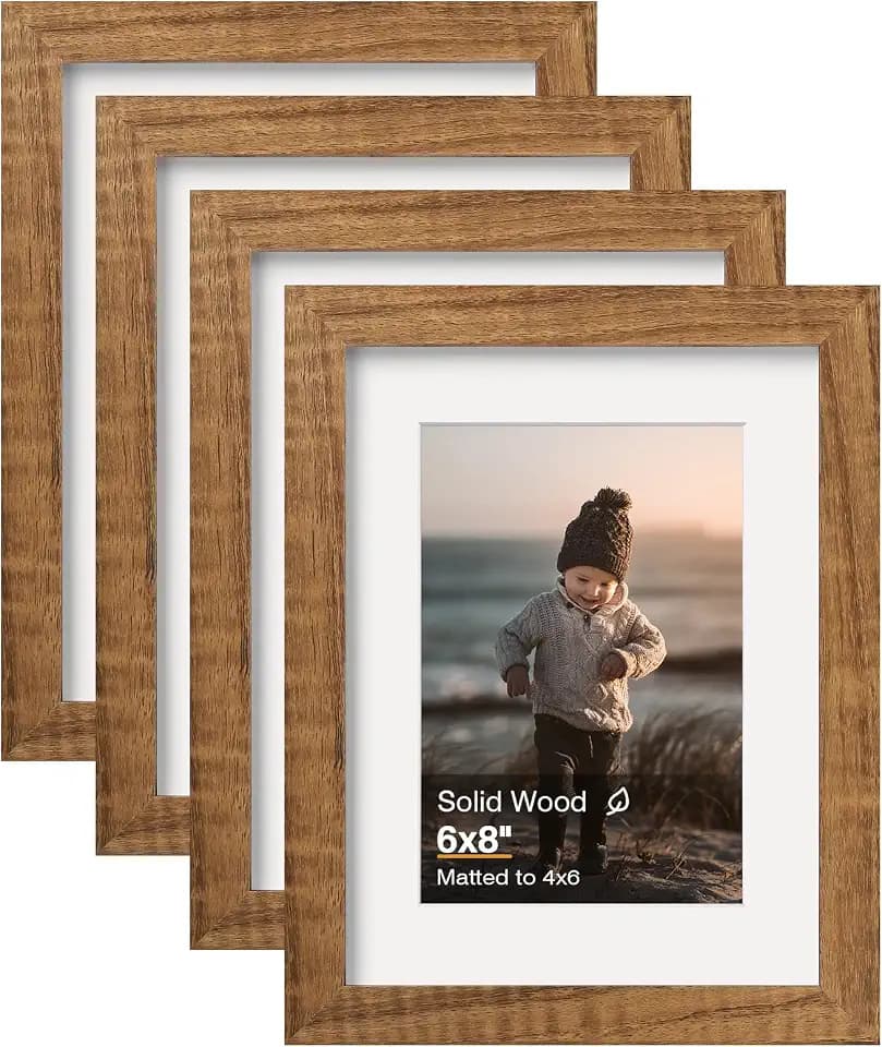 KINLINK 6x8 Picture Frame Teak, Solid Wood Frames with Acrylic Plexiglass for Pictures 4x6 with Mat or 6x8 without Mat, Tabletop and Wall Display Photo Frame, Set of 4