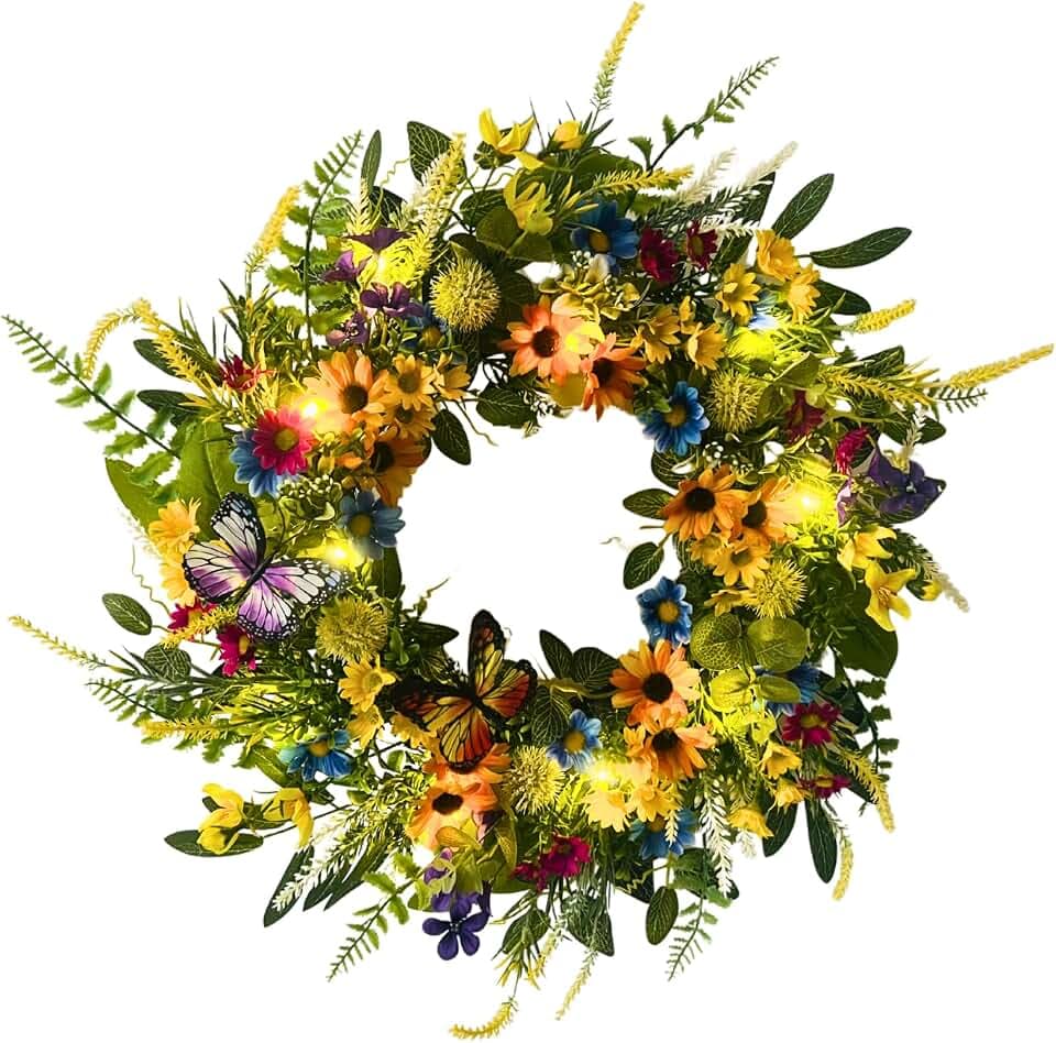 Svndlyn 22 Inch Lighted Spring Wreath with Butterflies and Daisy Flowers